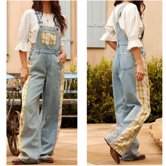 Light Wash Plaid print Pockets Straight Leg Denim Jeans Overalls - Picture 2 of 5